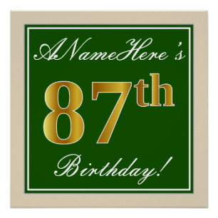Poster Elégant, Vert, Faux Or 87ème Anniversaire + Nom