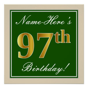 Poster Elégant, Vert, Faux Or 97ème Anniversaire + Nom