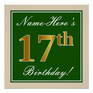 Poster Elégant, Vert, Or Faux Anniversaire 17 ans + Nom