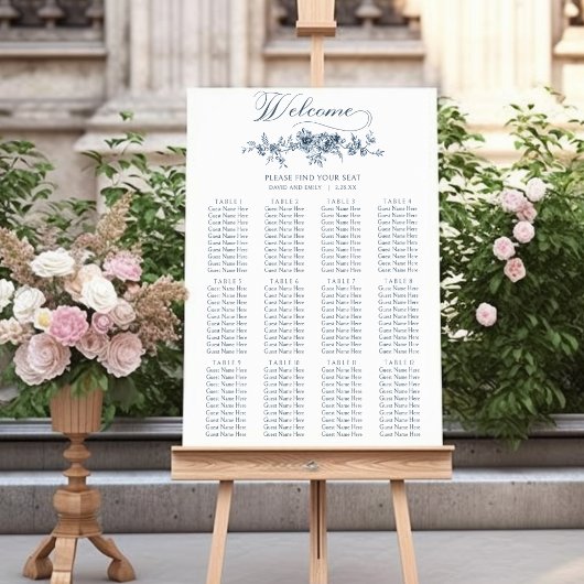 Poster Élégant Vintage gravé bleu floral