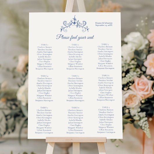 Poster Élégant Vintage Romance Blue Mariage Seating Chart
