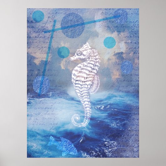 Poster Elegant Vintage Seahorse Blue Ocean Waves (Devant)
