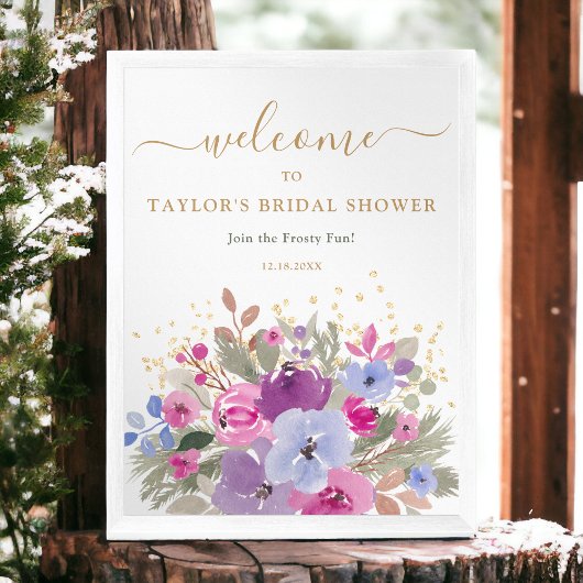 Poster Elégant violet or hiver Floral Bride bienvenue