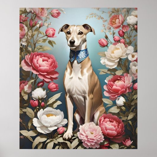 Poster Elégant Whippet rose Peony Flowers Arrière - plan  (Devant)