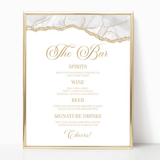 Poster Elegant White Gold Agate Party Bar Menu Sign