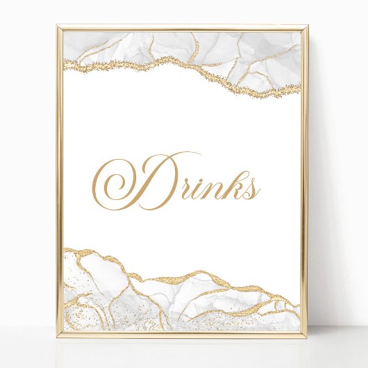 Poster Elegant White Gold Agate Party Drinks Sign