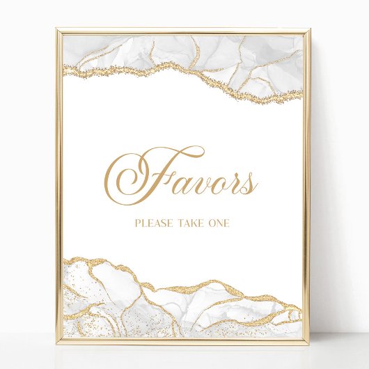 Poster Elegant White Gold Agate Party Favors Sign