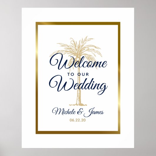 Poster Elégant White Navy Gold Palm Tree Mariage Bienvenu (Devant)