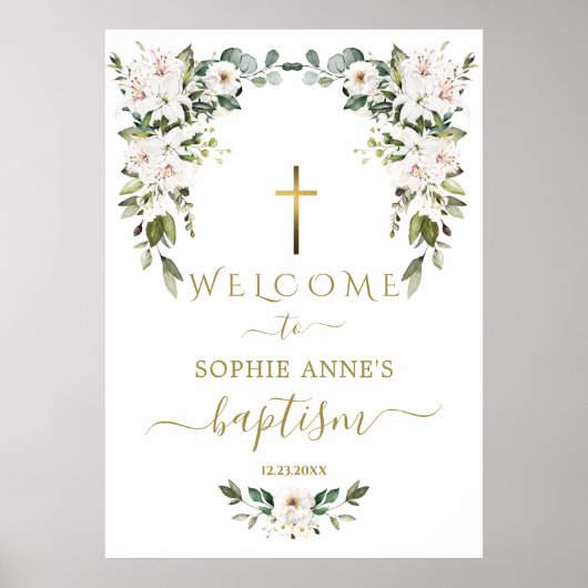 Poster Elegant WhiteLily Wild Rose Welcome Baptism Sign (Devant)