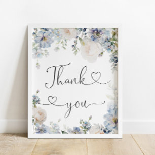 Poster Elégante aquarelle bleu Merci floral