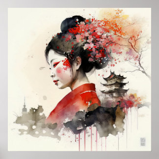 Poster Elégante aquarelle Geisha Portrait