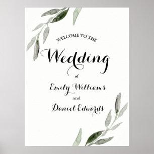 Poster Elégante aquarelle moderne Mariage feuille verte