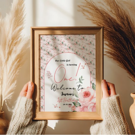 Poster Elégante aquarelle Rose fille 1er anniversaire Bie