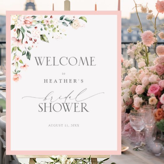 Poster Elégante Aquarelle rose Floral Douche Bienvenue