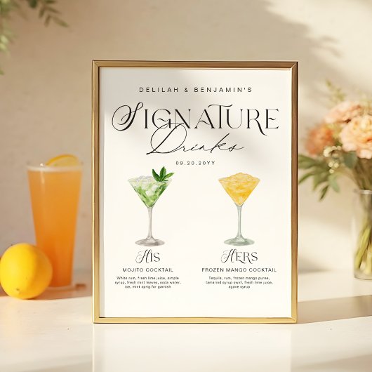 Poster Elégante aquarelle Sa signature Boisson Mariage