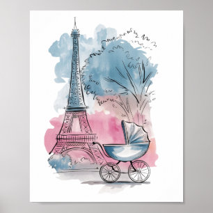 Poster Élégante Baby Shower Fantaisiste Paris Poussette B