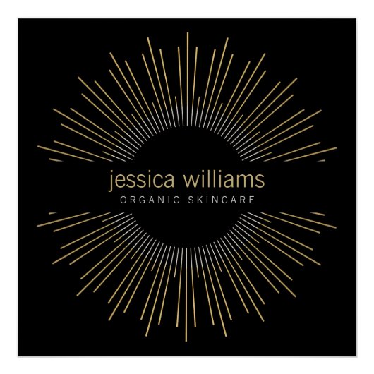 Poster Élégante Beauté Gold Sunburst Logo sur Noir (Devant)