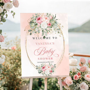 Poster Élégante Bienvenue Fleurs Roses Fête de Naissance