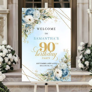 Poster Élégante bienvenue pour les 90 ans Boho bleu pouss