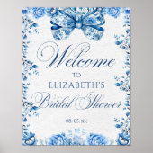 Poster Elégante Blue Floral Bow Toile Calligraphie Bienve (Devant)