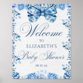 Poster Elégante Blue Floral Bow Toile Calligraphie Bienve (Devant)