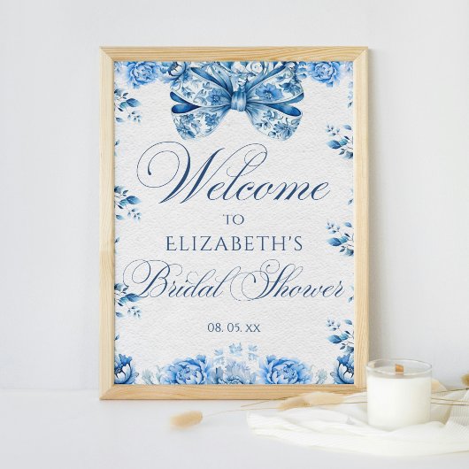 Poster Elégante Blue Floral Bow Toile Calligraphie Bienve
