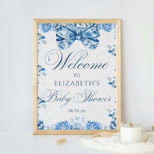 Poster Elégante Blue Floral Bow Toile Calligraphie Bienve