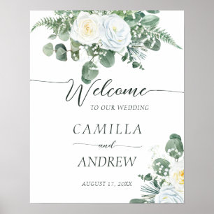 Poster Elégante Boho Roses blanches avec verdure Bienvenu
