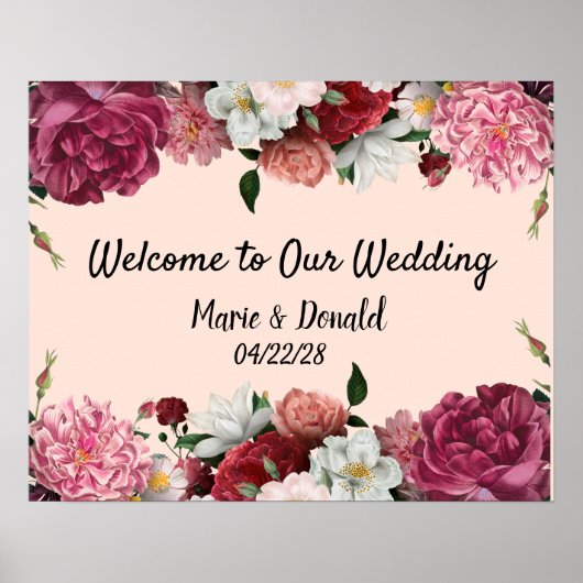 Poster Elégante Bourgogne et Fleurs roses (Devant)