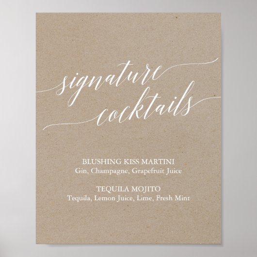 Poster Élégante calligraphie Kraft Signature Cocktails Si (Devant)