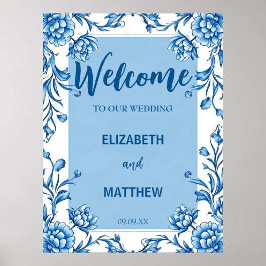 Poster Elégante Chinoiserie bleu et blanc Mariage antique (Devant)