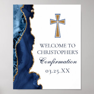 Poster Élégante confirmation Croix Marine Blue Gold Agate
