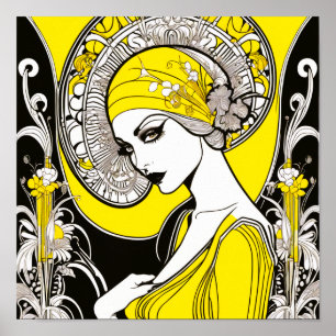 Poster Elégante Dame Jaune & Noir Art Nouveau