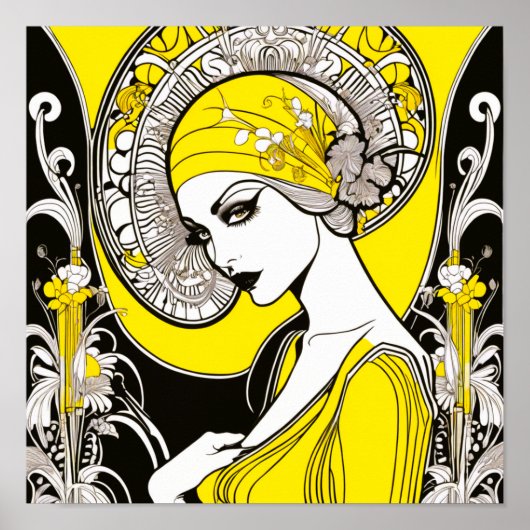 Poster Elégante Dame Jaune & Noir Art Nouveau (Devant)