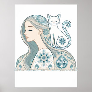 Poster Elégante Femme & Chat Floral Art Nouveau Design