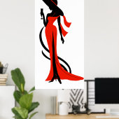 Poster Elégante femme silhouette rouge robe avec verre (Bureau à domicile)