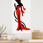Poster Elégante femme silhouette rouge robe avec verre (Cuisine)