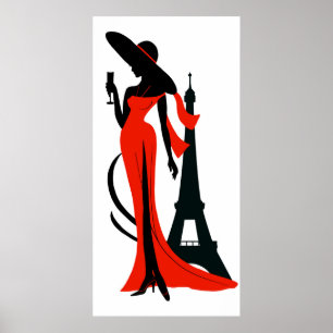 Poster Elégante femme silhouette rouge robe avec verre