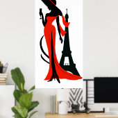 Poster Elégante femme silhouette rouge robe avec verre (Bureau à domicile)