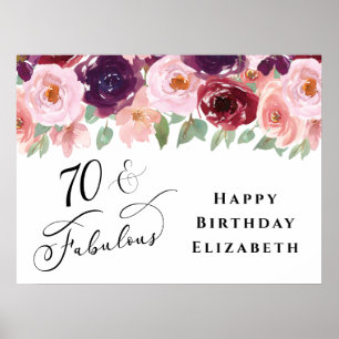 Poster Élégante fête d'anniversaire Floral Bourgogne rose