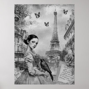 Poster Élégante fille victorienne monochromatique à Paris
