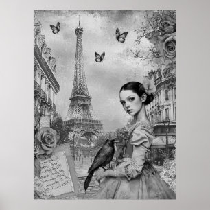 Poster Élégante fille victorienne monochromatique à Paris