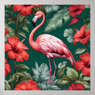 Poster Elégante Flamant rose Hibiscus Fleurs Emerald Gree