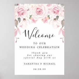 Poster Élégante florale rose Bienvenue à notre signe Mari