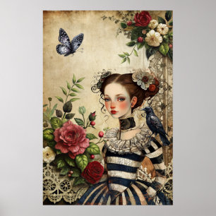 Poster Elégante Gothique Girl & Raven Dans Jardin Rose