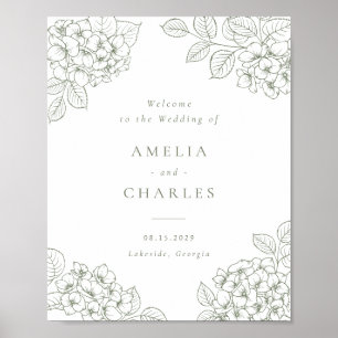Poster Élégante Hydrangea Verte Florale Mariage Bienvenue