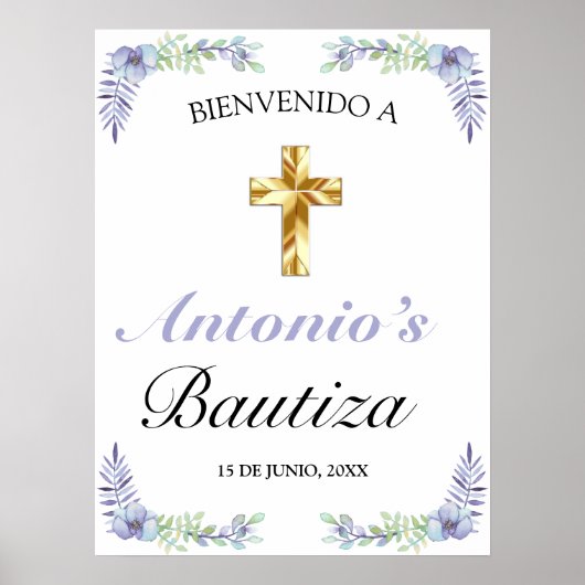 Poster Elegante Lavanda Cruz De Oro Bautizo Bienvenido (Devant)