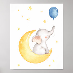 Poster Élégante Lune Étoiles Ballon Nursery Éléphant
