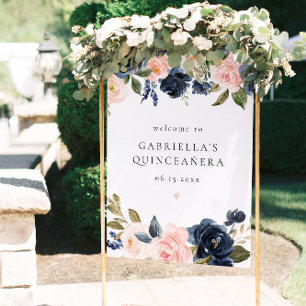 Poster Elégante Marine Blush Floral Quinceañera Bienvenue