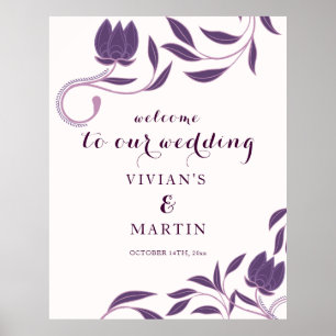 Poster Elégante Paisley Purple Floral Mariage Bienvenue